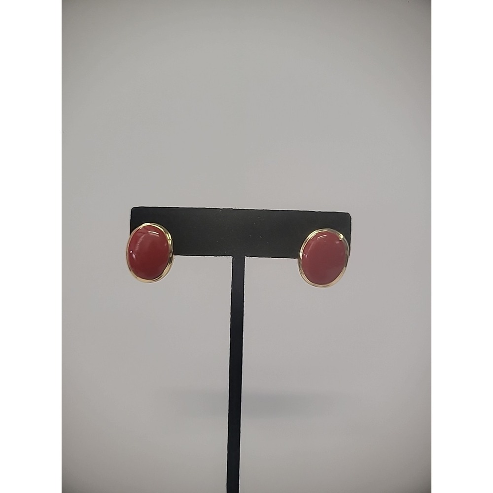 Vintage Gold Tone Red Earrings Pierced Stud Oval Womens Jewelry Costume